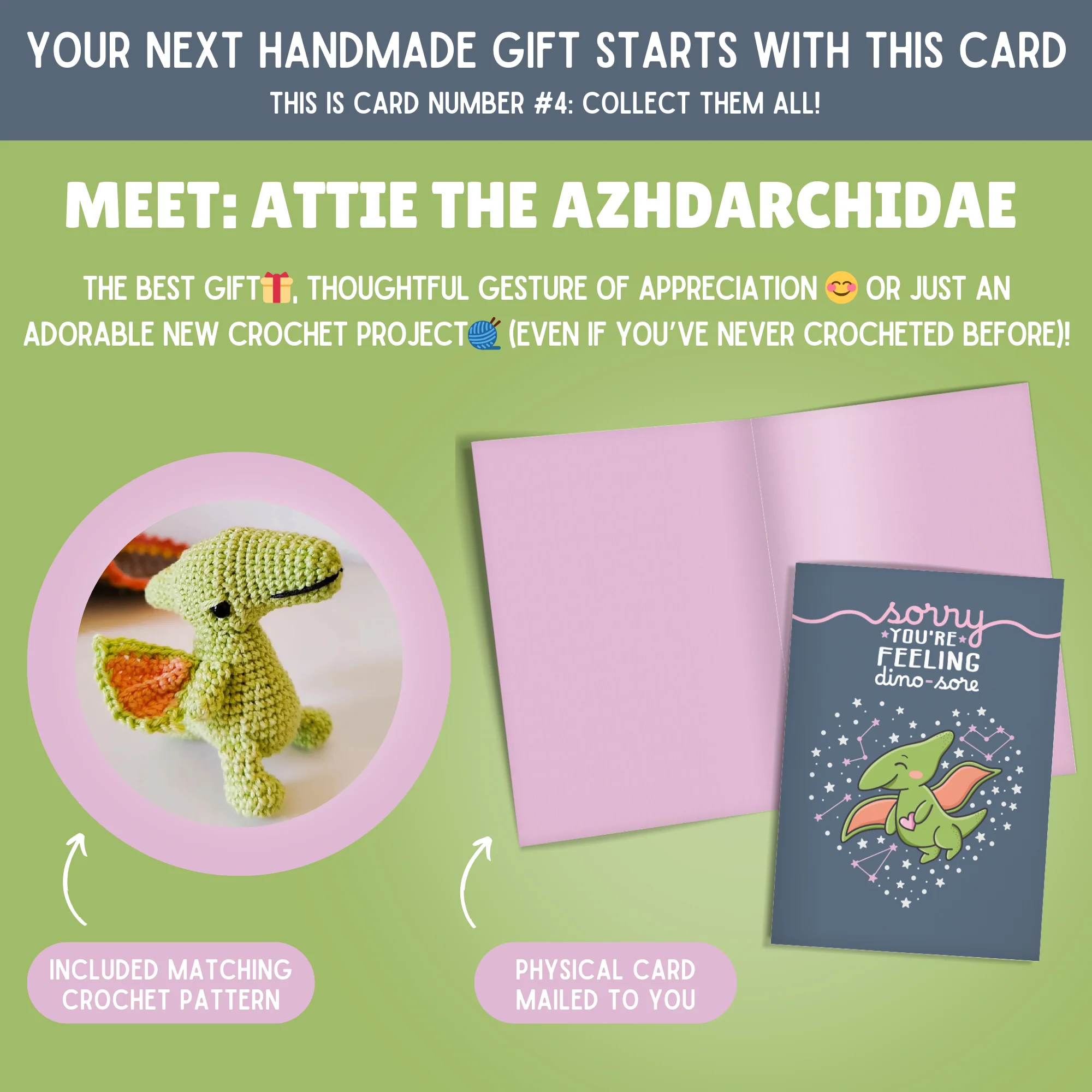 Azhdarchidae Crochet Pattern & Matching Card: "Sorry You're Feeling Dino-sore" - Image 2