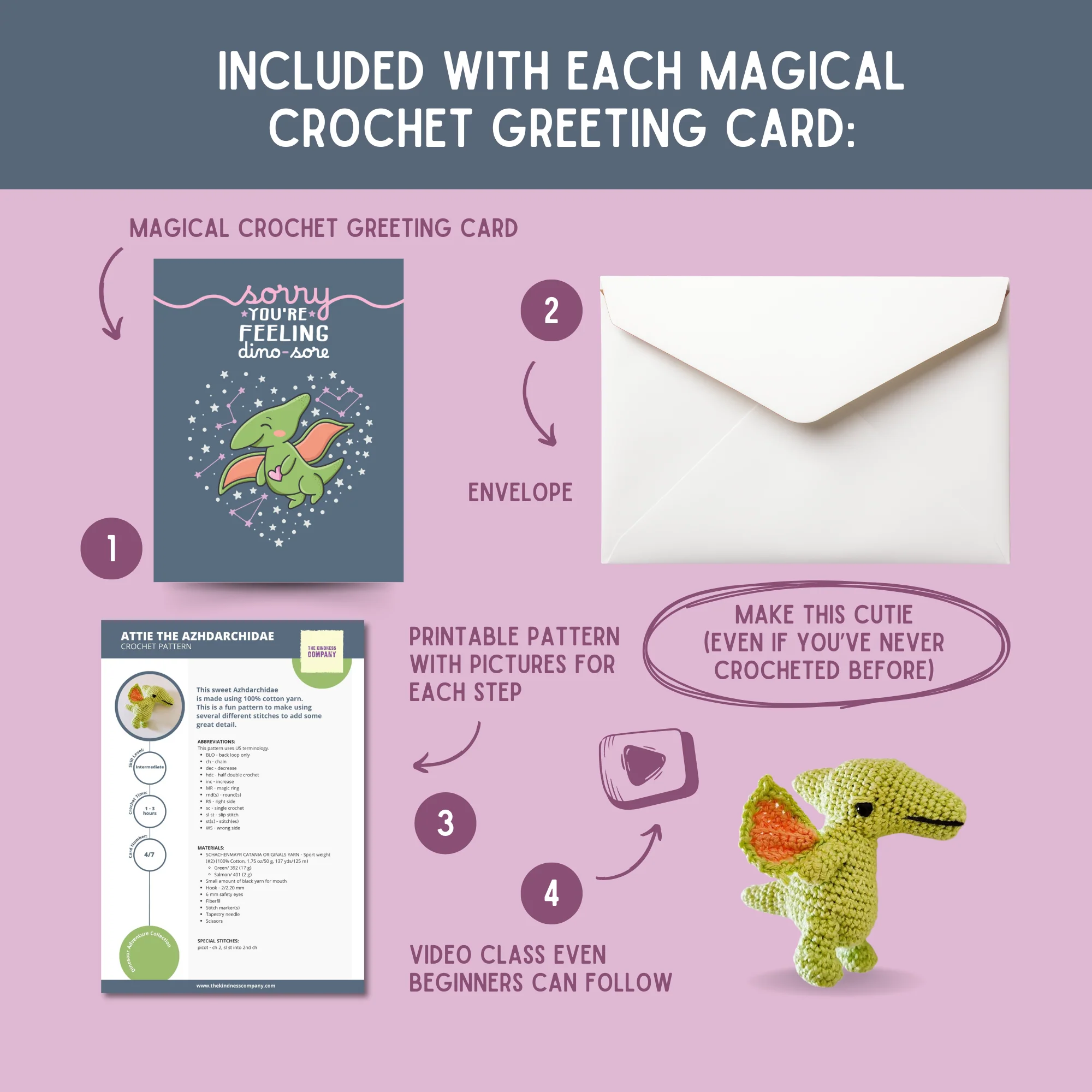 Azhdarchidae Crochet Pattern & Matching Card: "Sorry You're Feeling Dino-sore" - Image 3