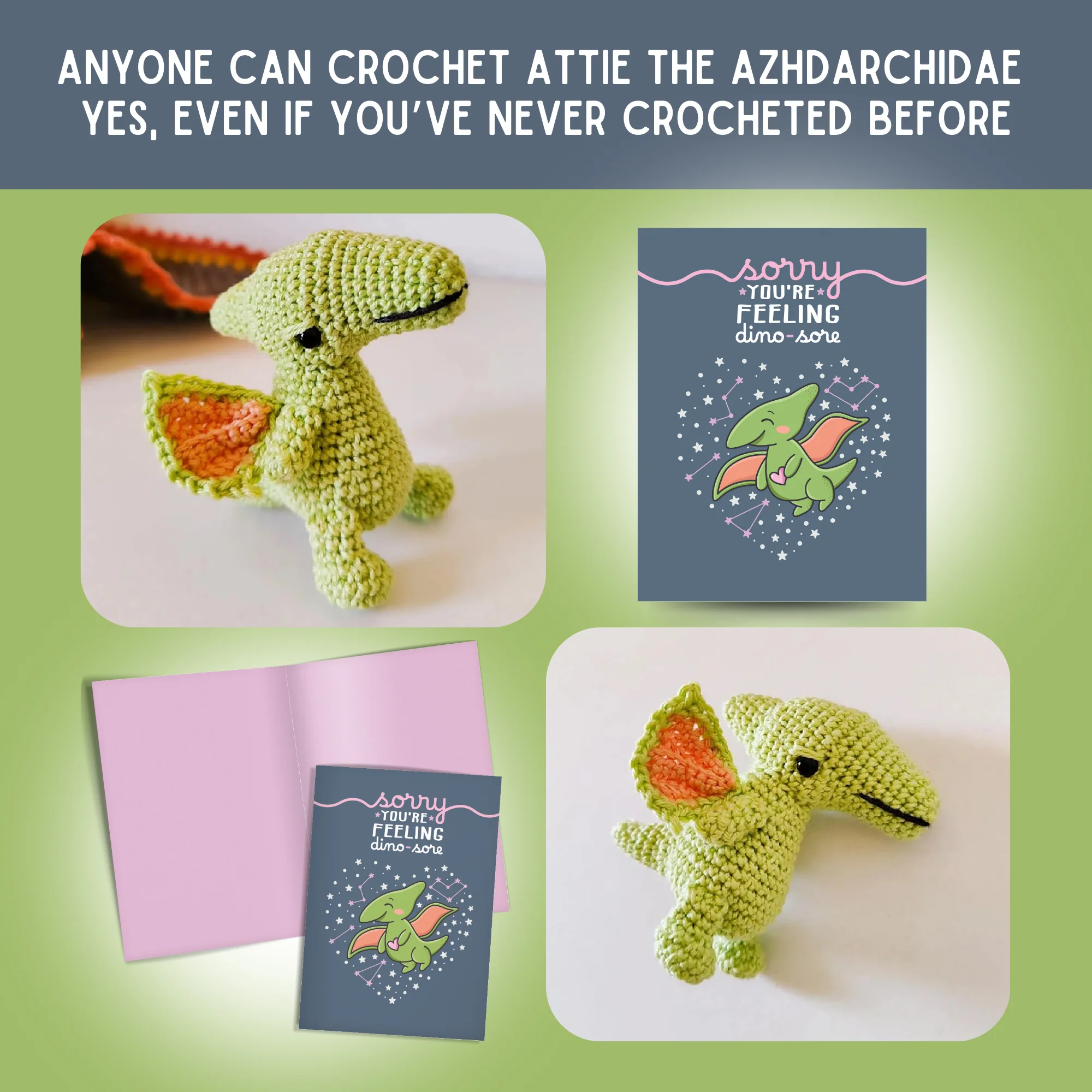 Azhdarchidae Crochet Pattern & Matching Card: "Sorry You're Feeling Dino-sore" - Image 5