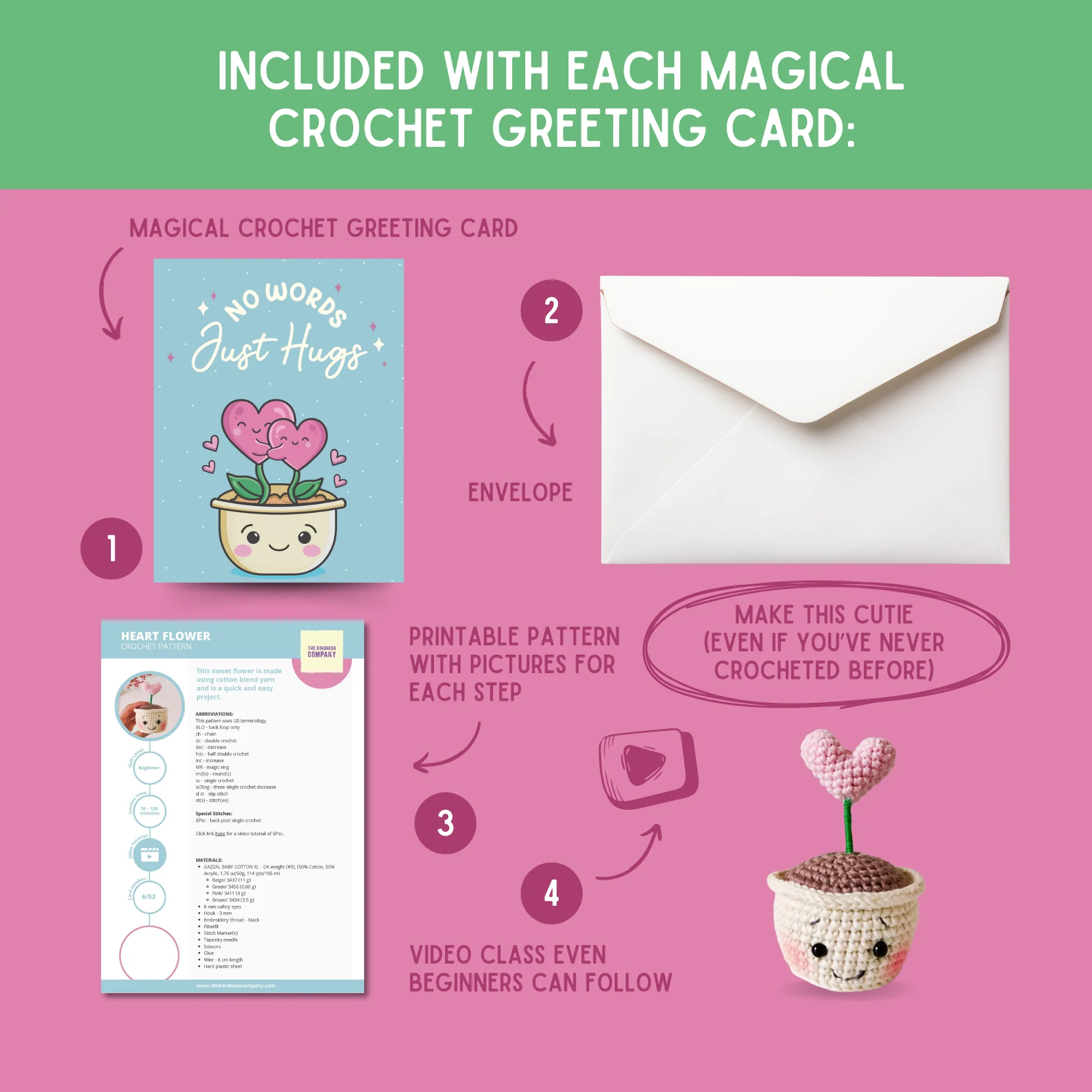 Heart Flower Crochet Pattern & Matching Card: "No Words, Just Hugs" - Image 3