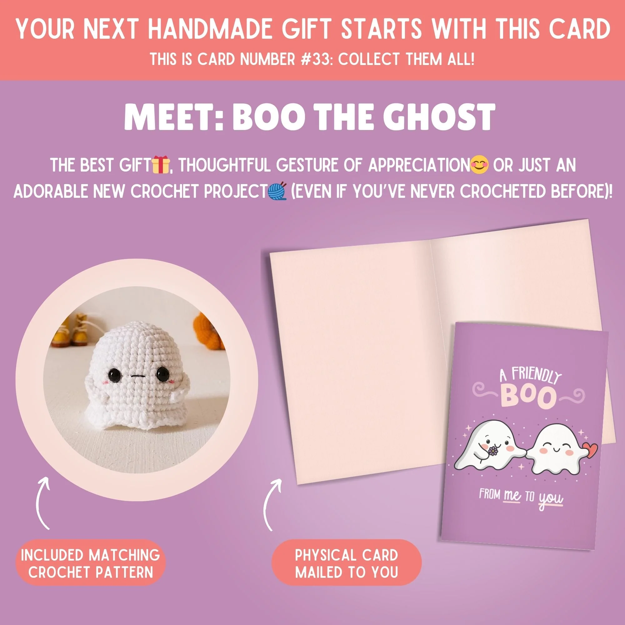 Boo the Ghost Crochet Pattern & Matching Greeting Card