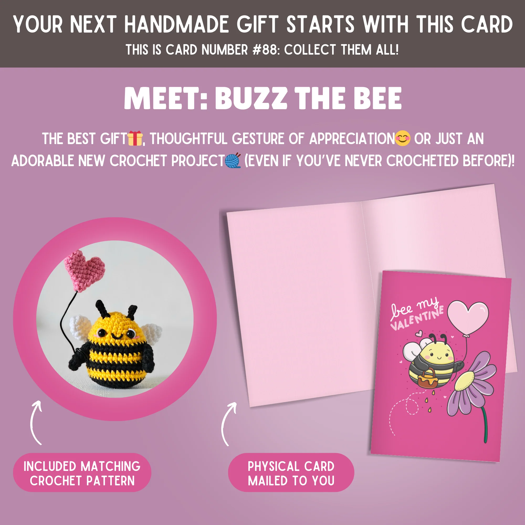 Bee Crochet Pattern & Matching Card: "Bee My Valentine" - Image 2