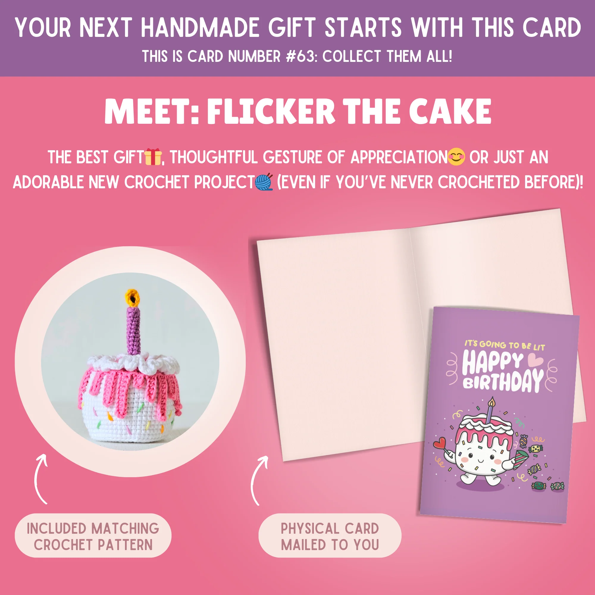 Cake Crochet Pattern & Matching Card: "It's Going To Lit Happy Birthday" - Image 2
