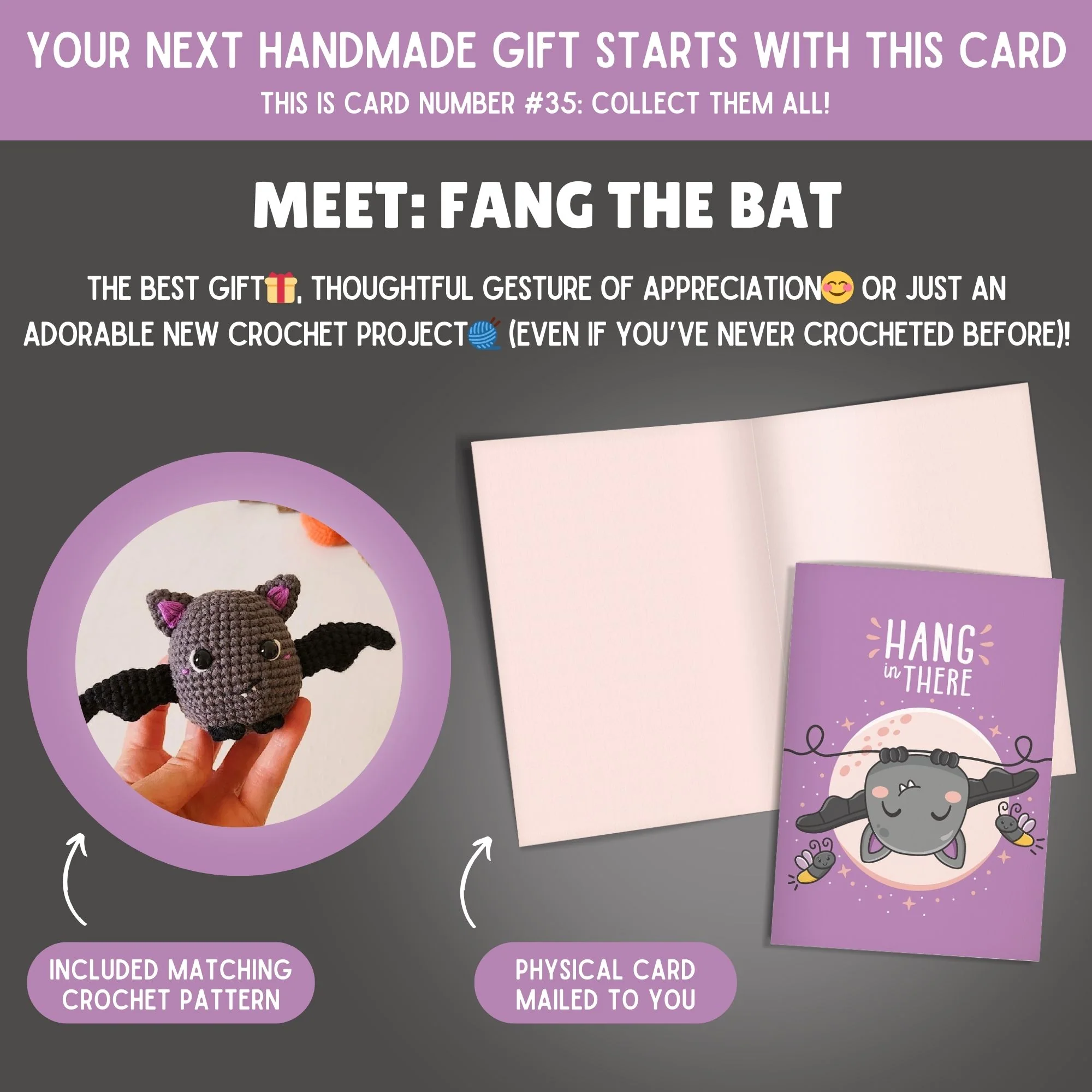 Bat Crochet Pattern & Matching Card: "Hang in There" - Image 2