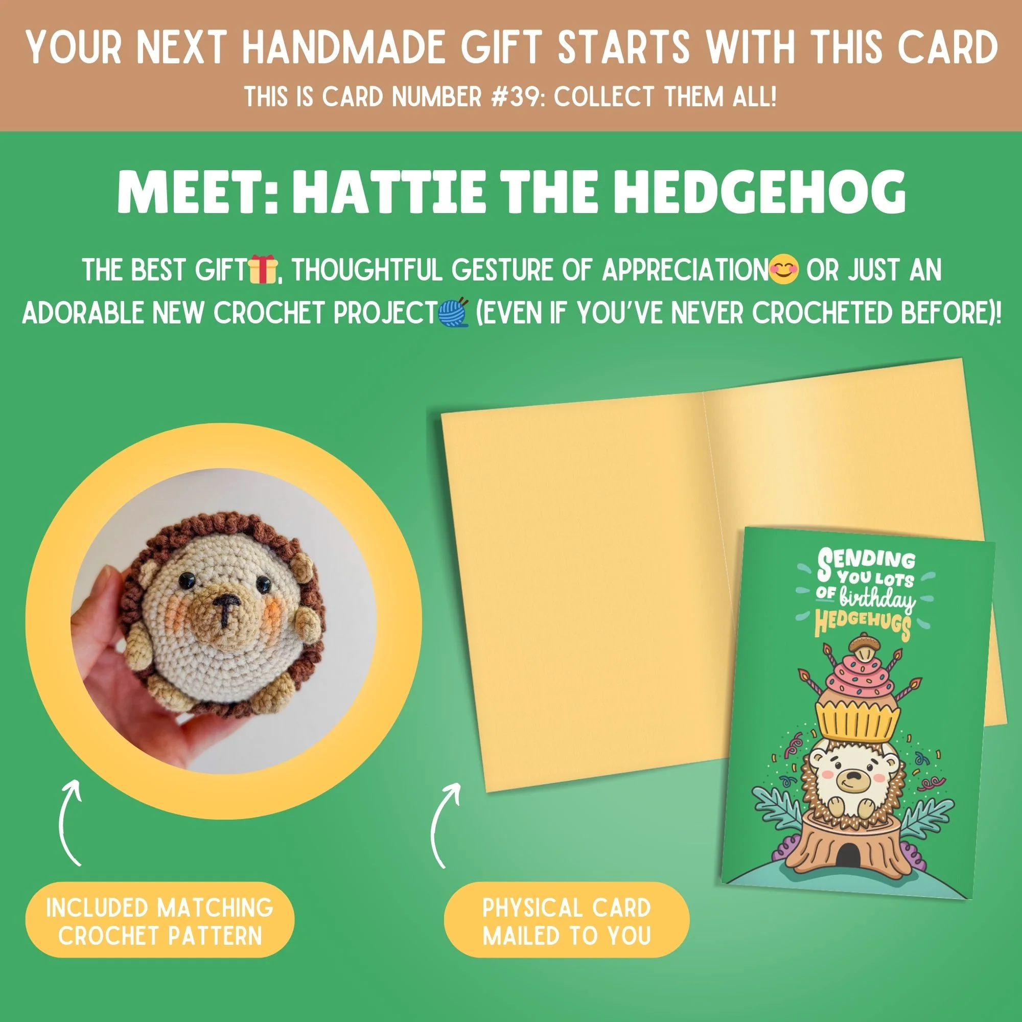 Hedgehog Crochet Pattern & Matching Card: "Birthday" - Image 2