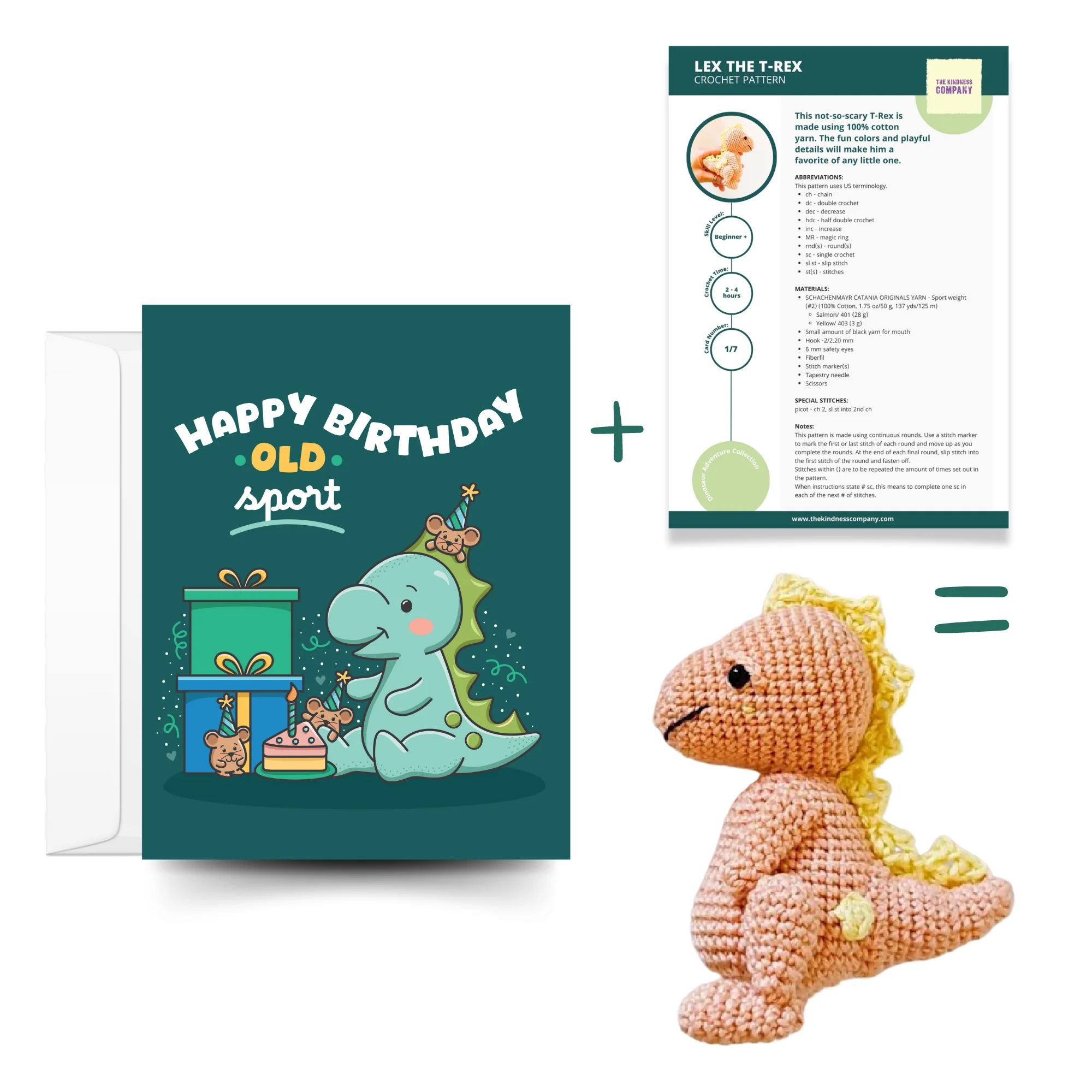 T-rex Crochet Pattern & Matching Card: "Birthday"