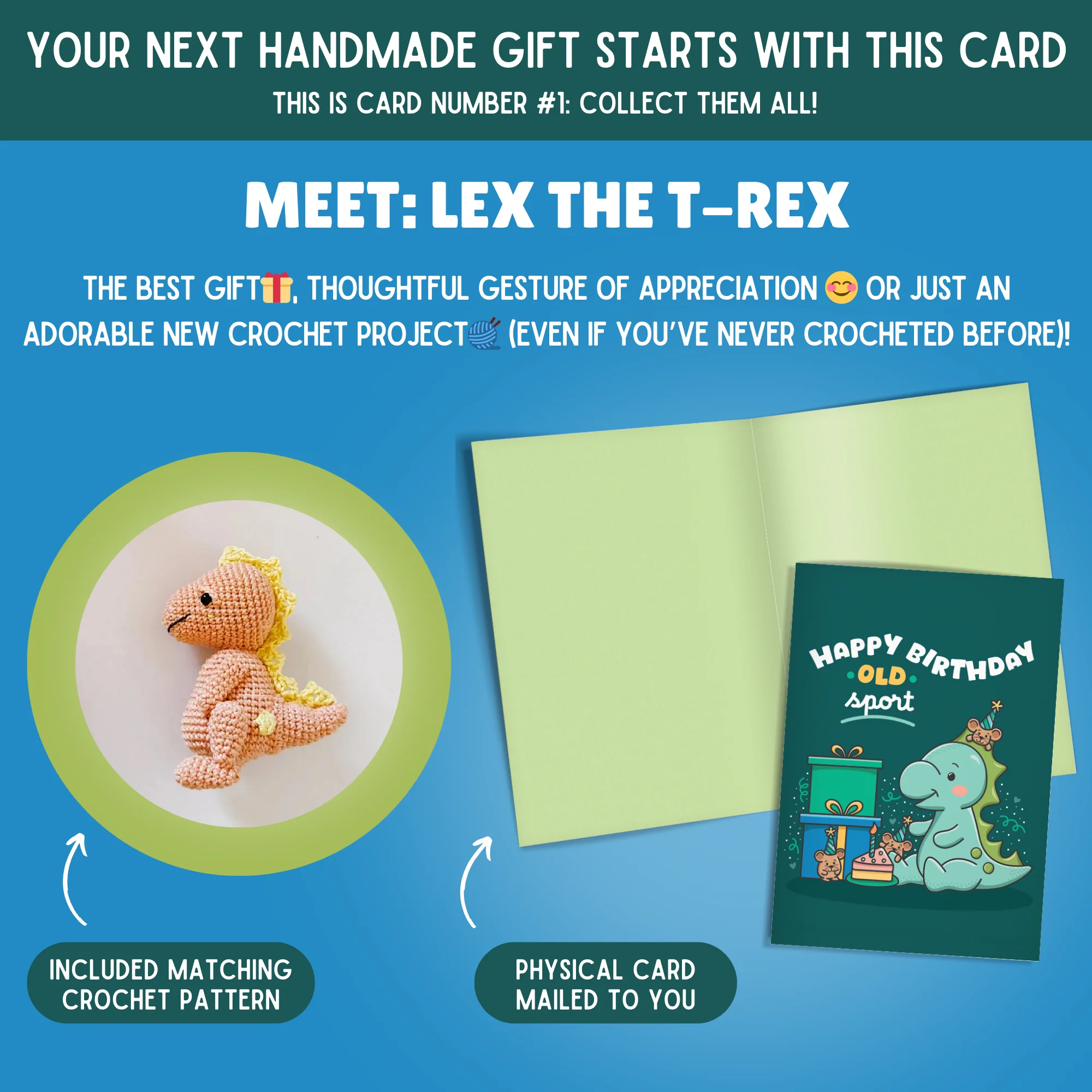 T-rex Crochet Pattern & Matching Card: "Birthday" - Image 2