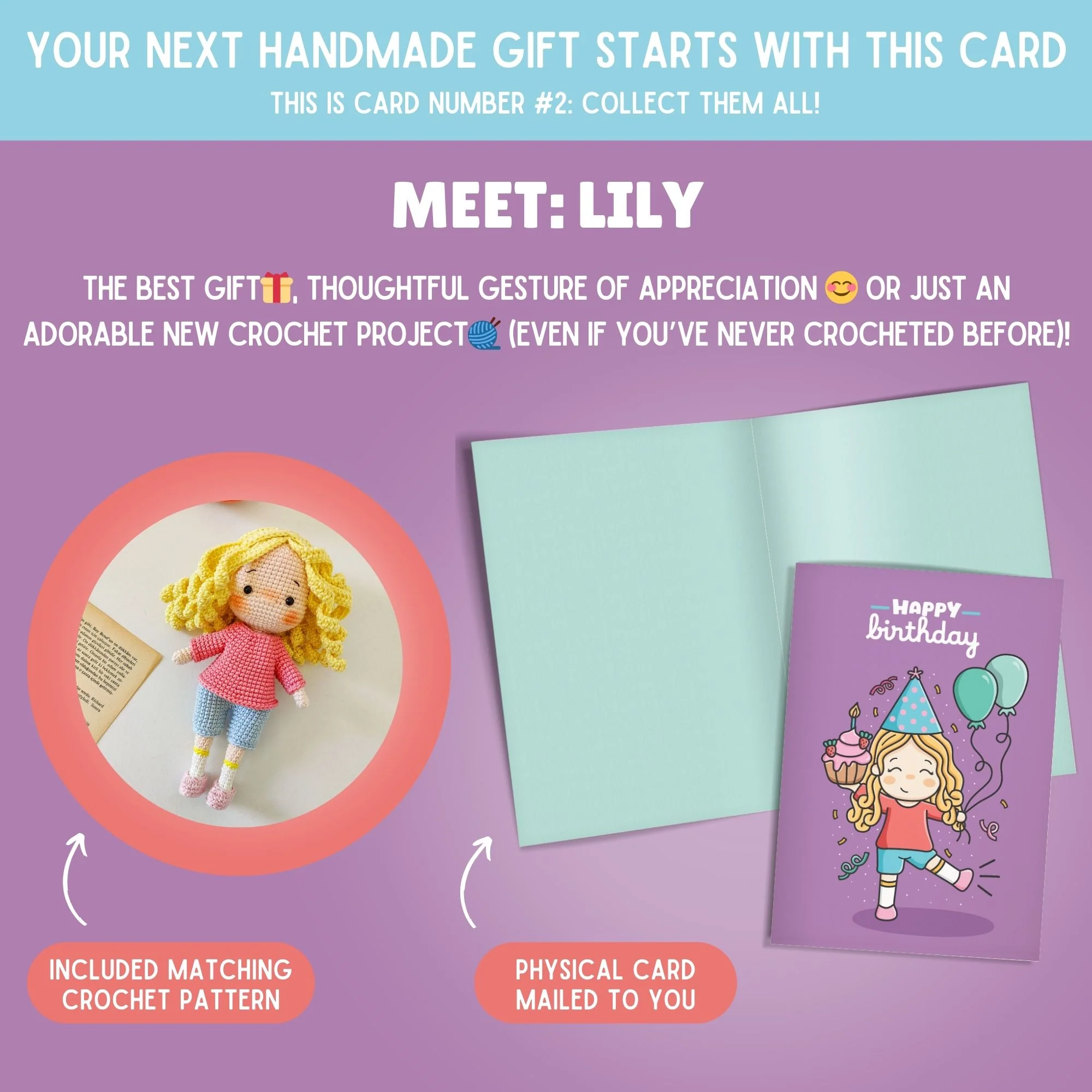 Lily Doll Crochet Pattern & Matching Card: "Happy Birthday" - Image 2