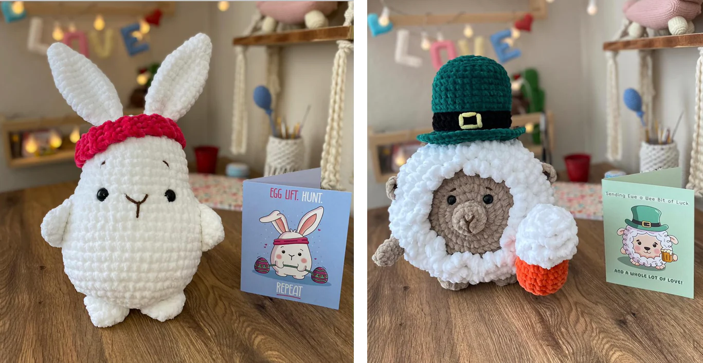 Patrick The Sheep, Barbell Bun Bun, Sassy The Seahorse & Daphne The Donut Crochet Pattern & Matching Greeting Cards Bundle - Image 24