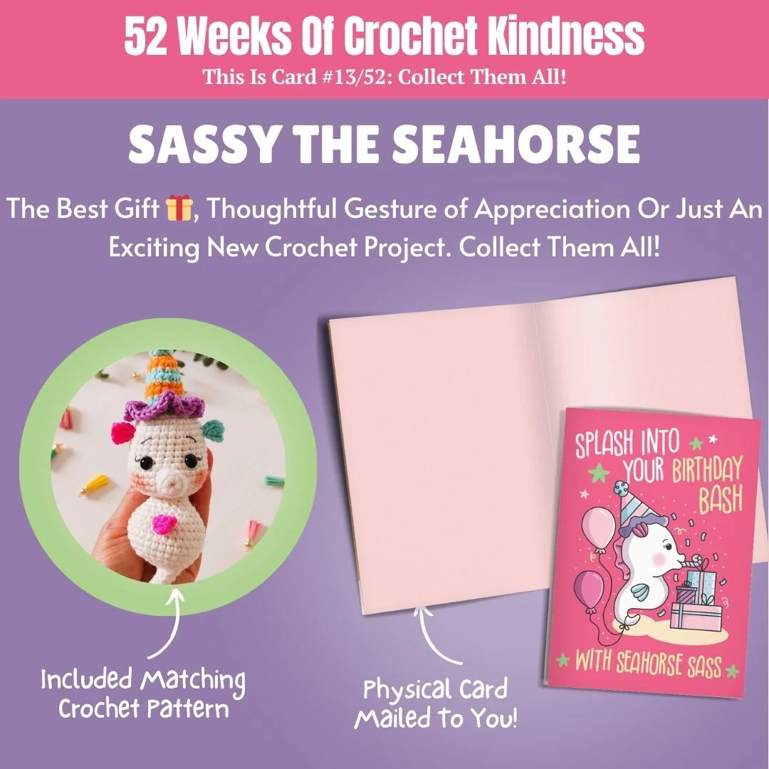 Patrick The Sheep, Barbell Bun Bun, Sassy The Seahorse & Daphne The Donut Crochet Pattern & Matching Greeting Cards Bundle - Image 4