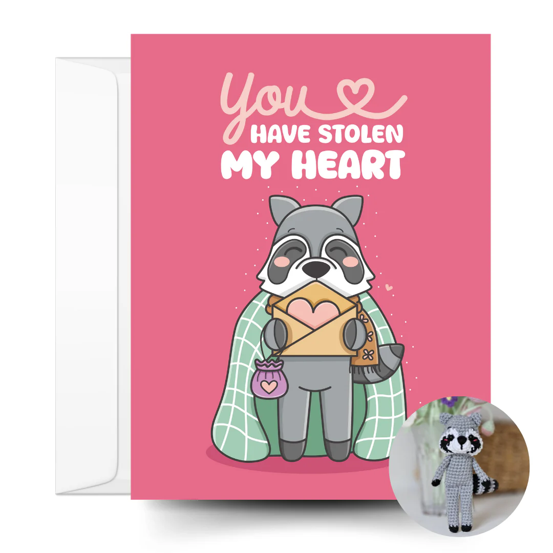Raccoon Crochet Pattern & Matching Card: "You Have Stolen My Heart"
