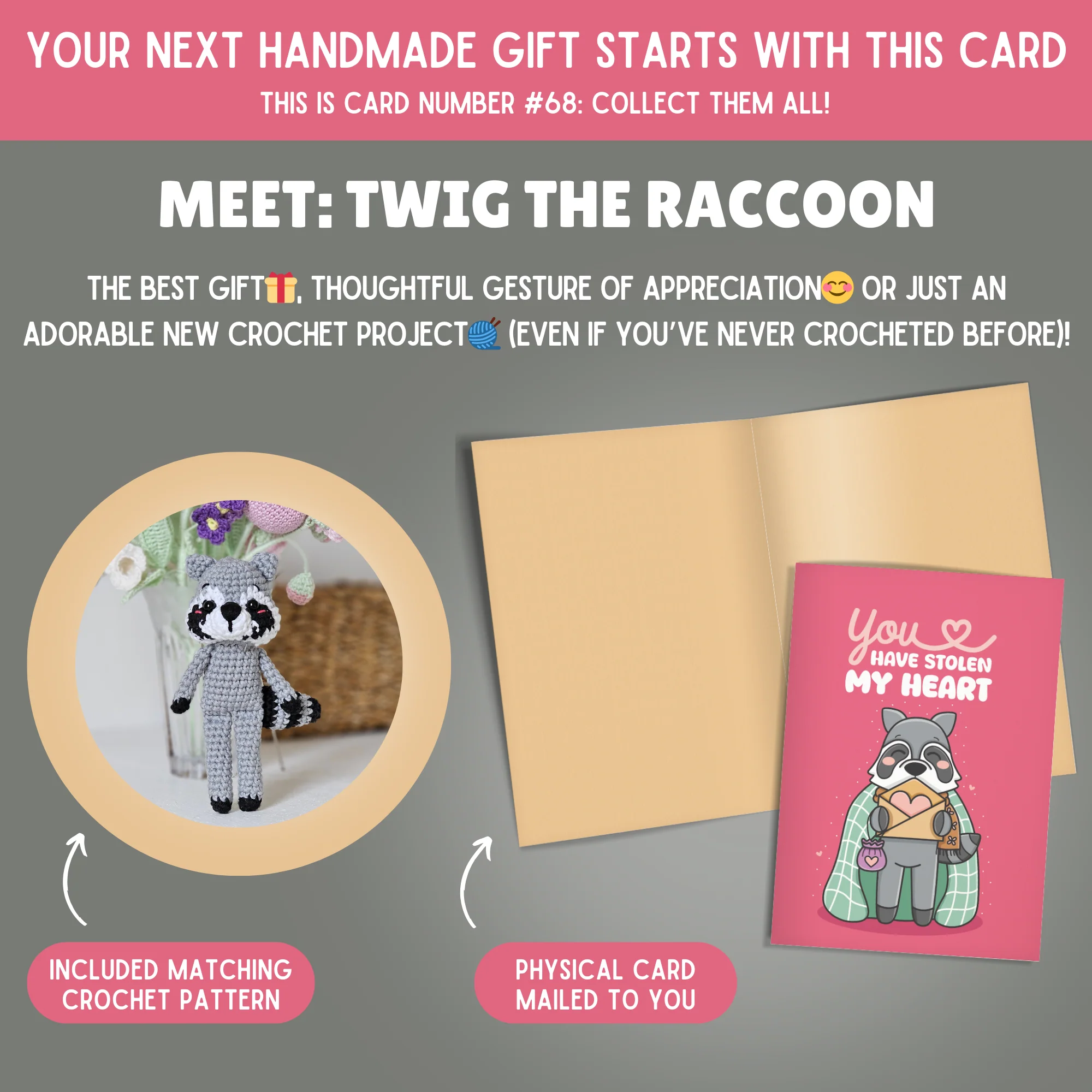 Raccoon Crochet Pattern & Matching Card: "You Have Stolen My Heart" - Image 2