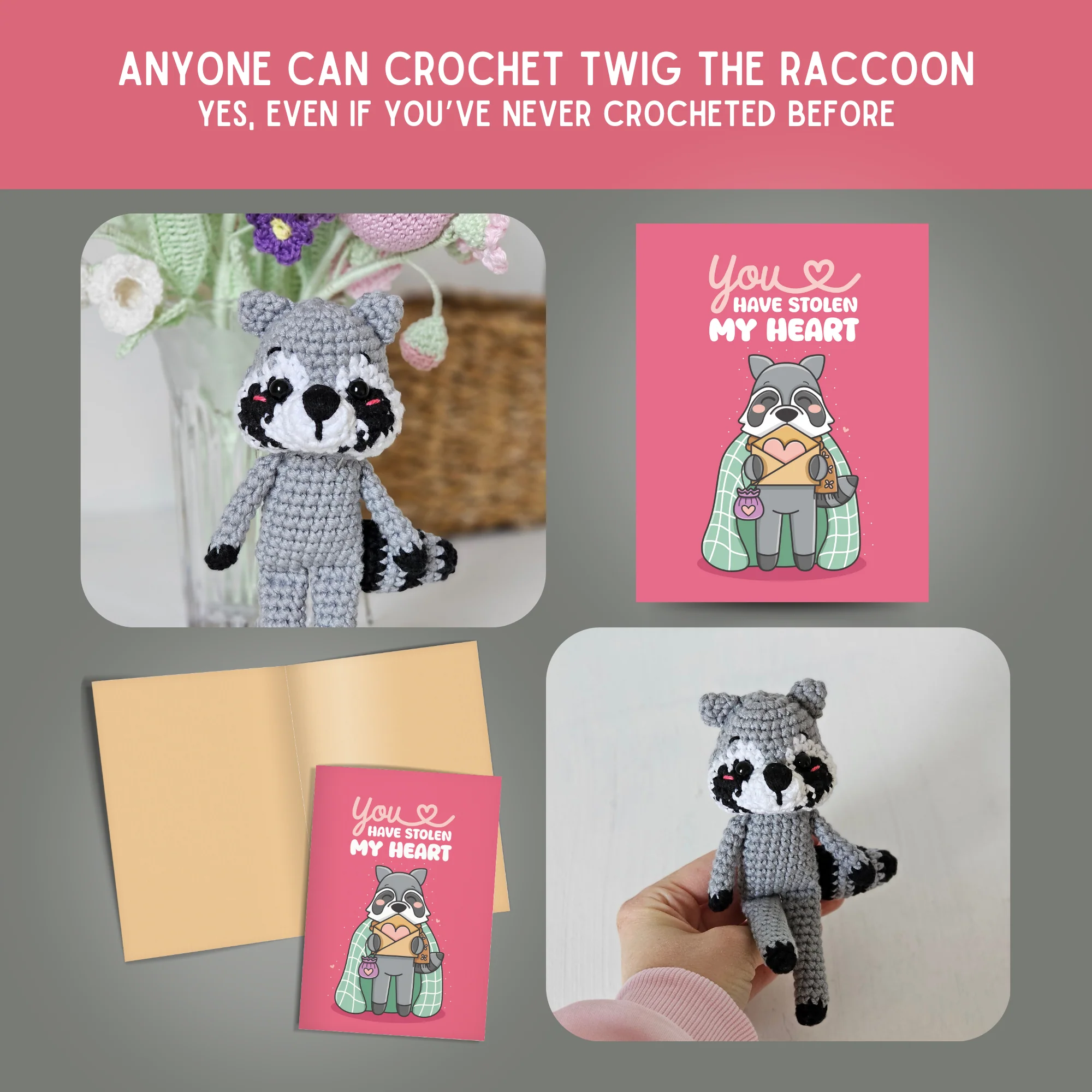 Raccoon Crochet Pattern & Matching Card: "You Have Stolen My Heart" - Image 5