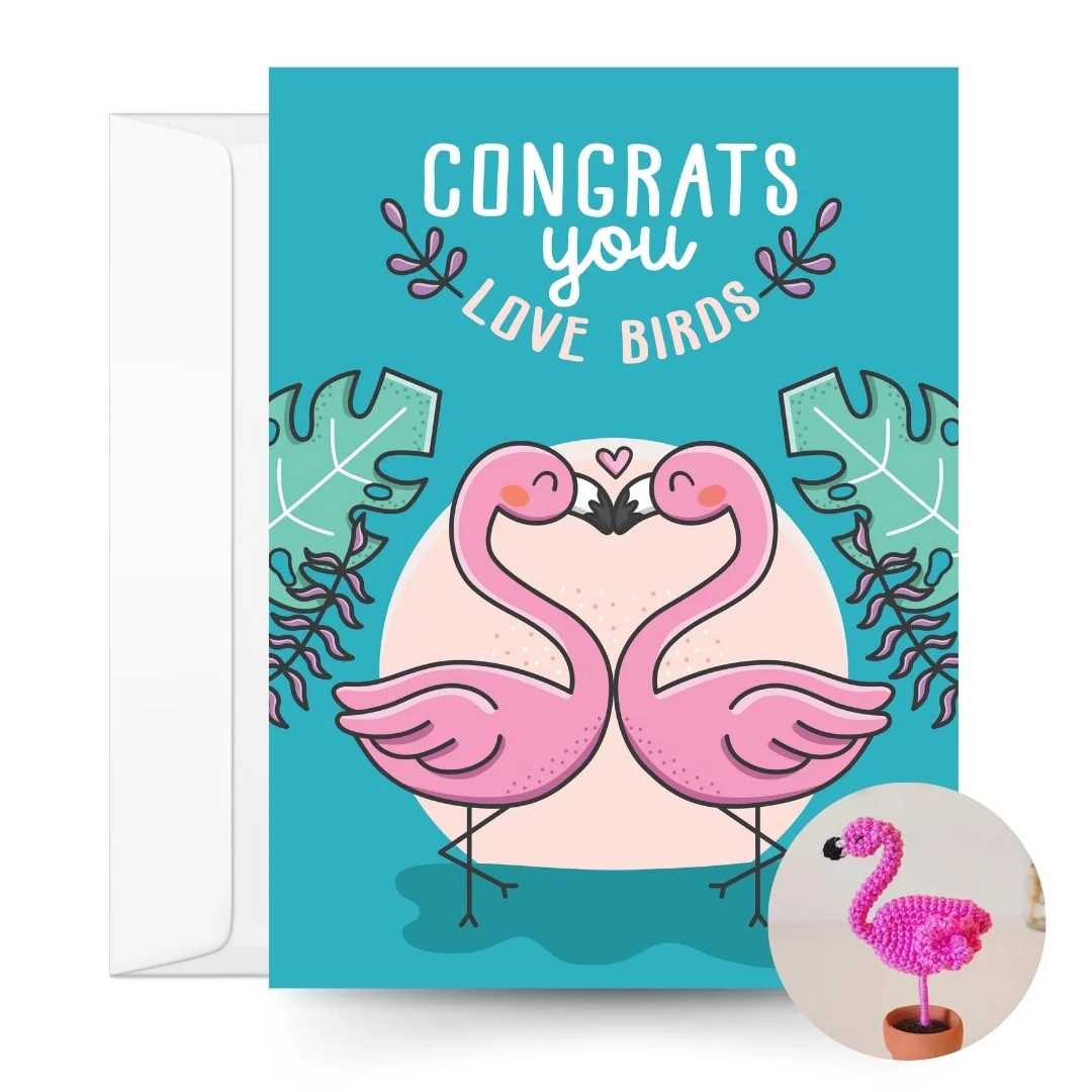 Flamingo Crochet Pattern & Matching Card: "Congrats Love Birds"