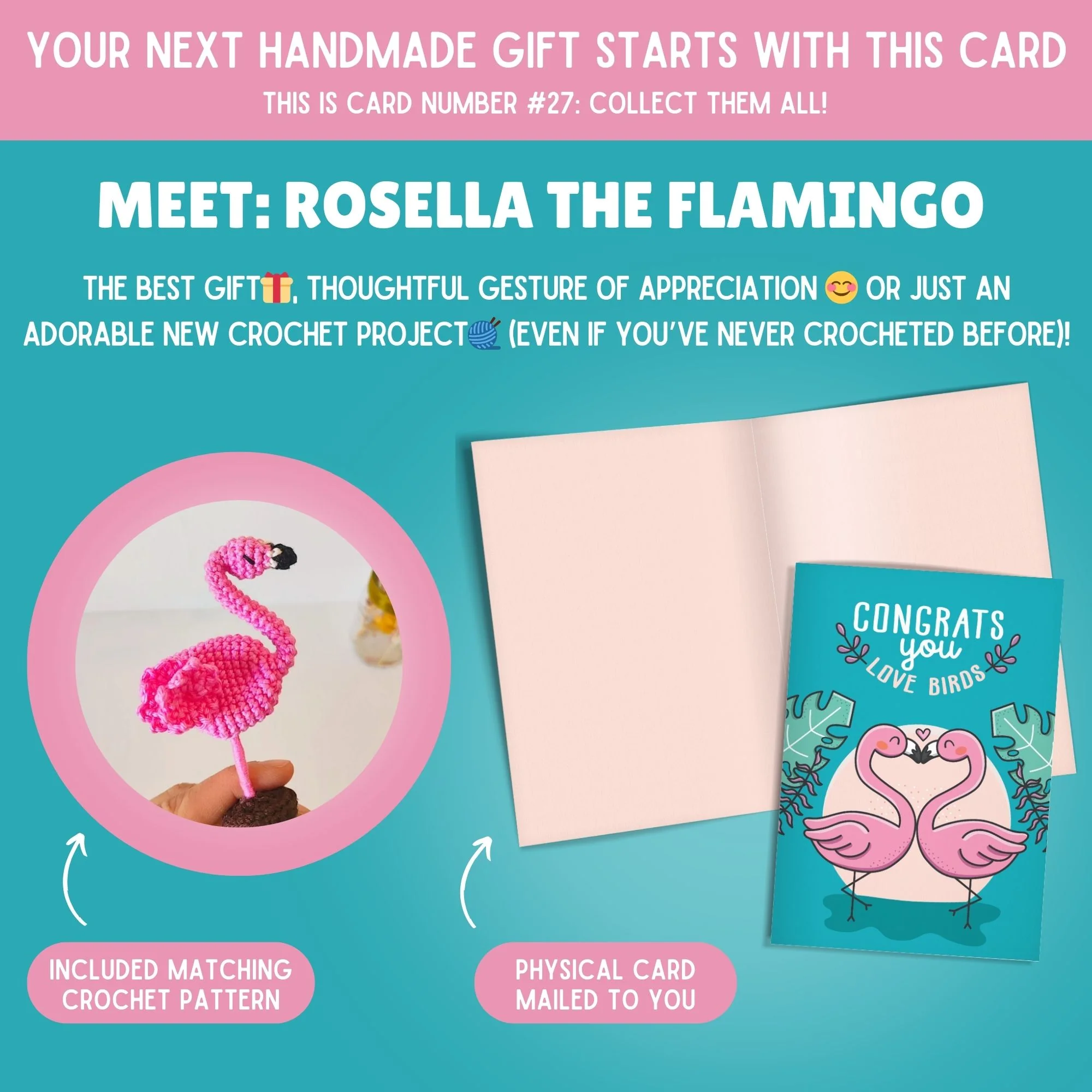 Flamingo Crochet Pattern & Matching Card: "Congrats Love Birds" - Image 2