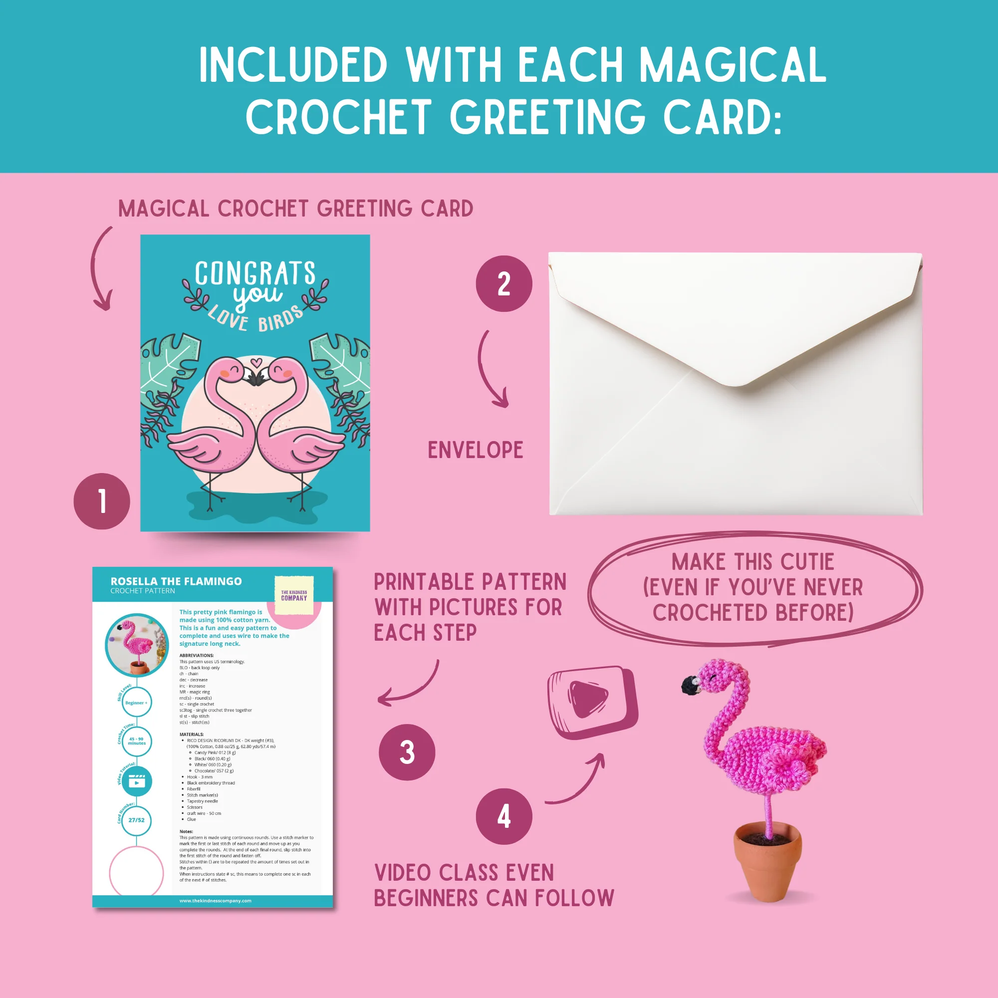 Flamingo Crochet Pattern & Matching Card: "Congrats Love Birds" - Image 3
