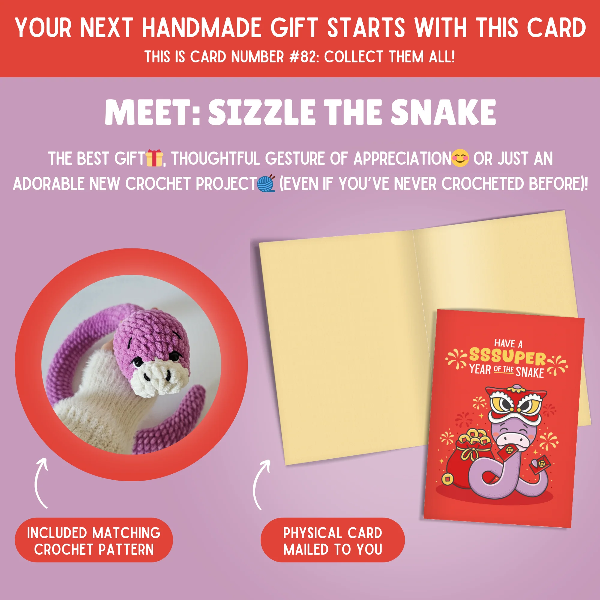 Snake Crochet Pattern & Matching Card: "Have A Sssuper Year Of The Snake" - Image 2