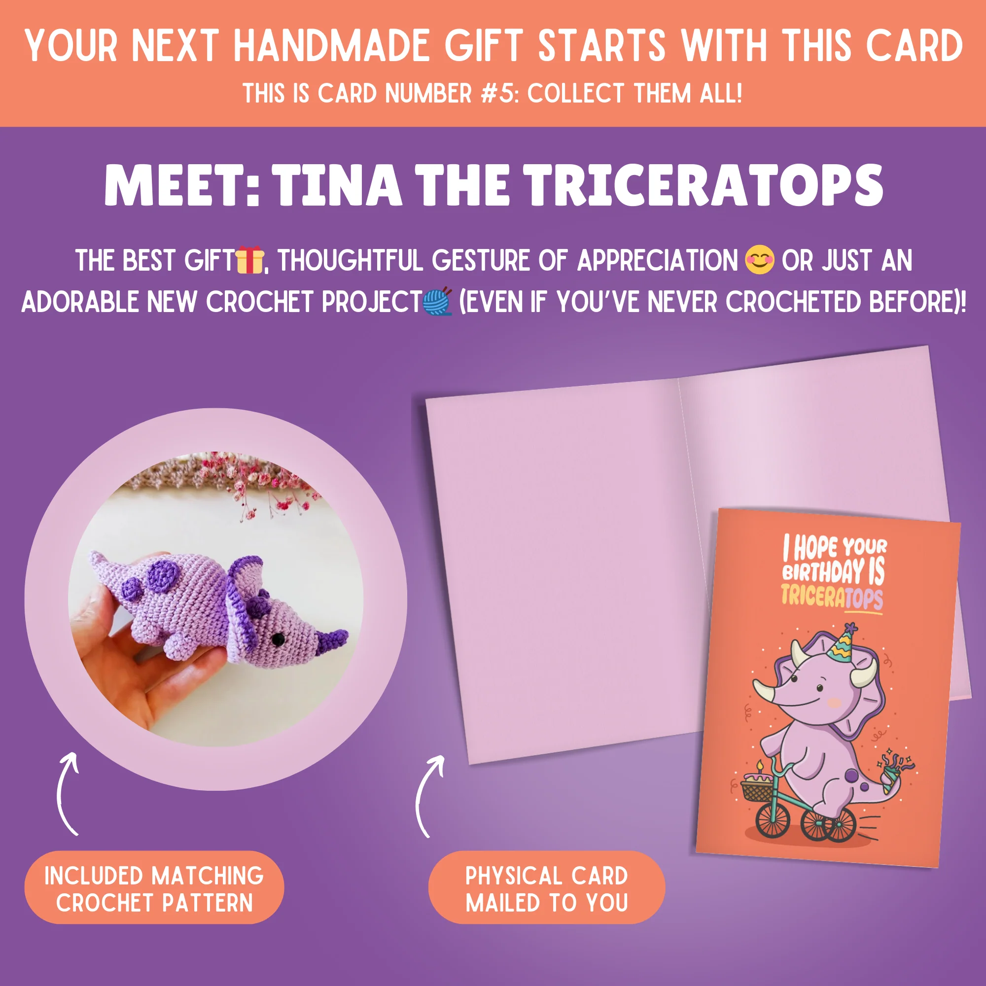 Triceratops Crochet Pattern & Matching Card: "Birthday" - Image 2