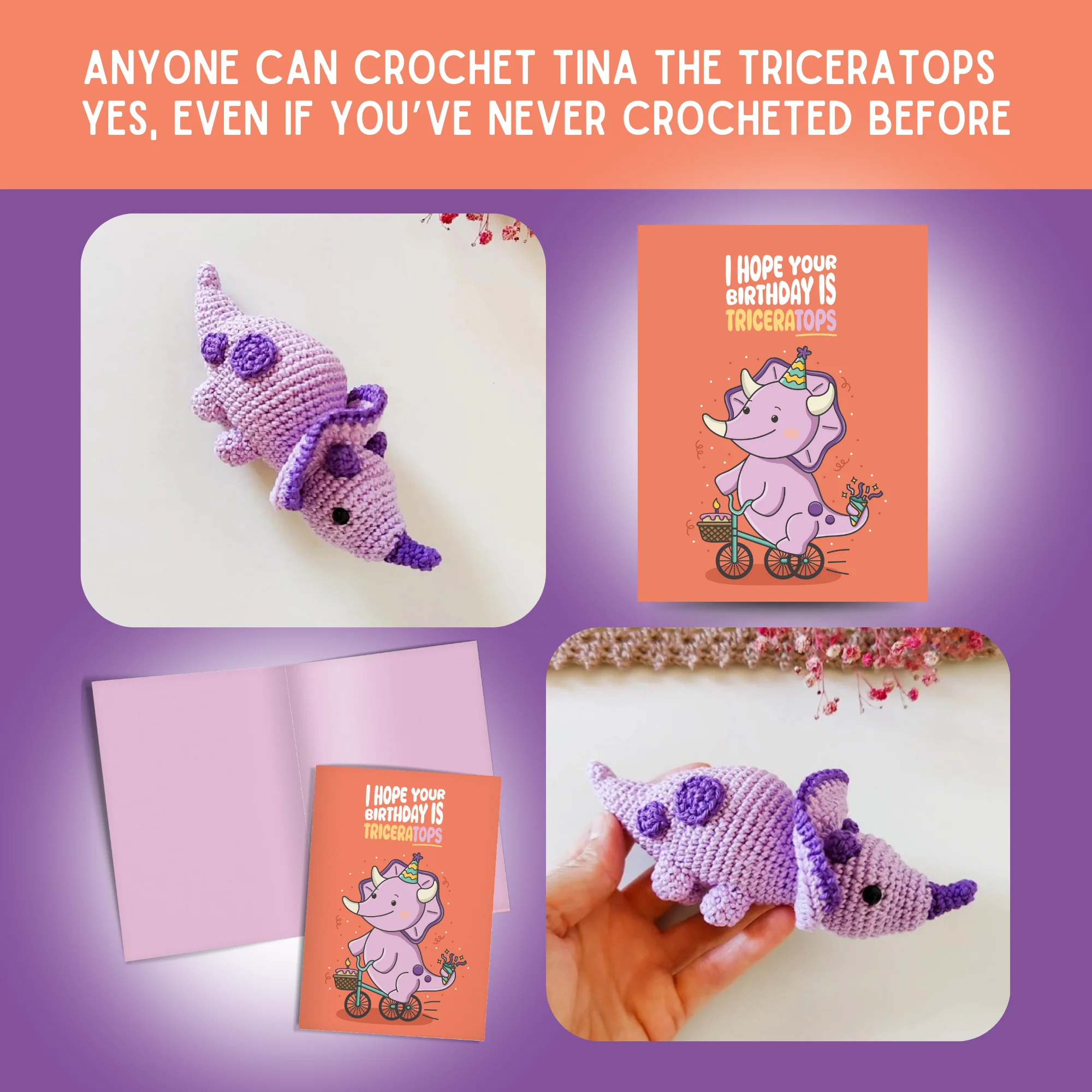 Triceratops Crochet Pattern & Matching Card: "Birthday" - Image 5