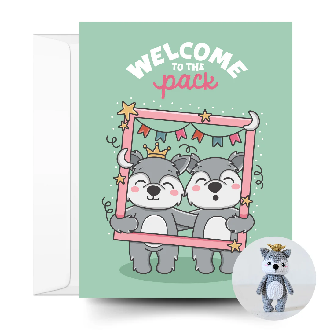Wolf Pup Crochet Pattern & Matching Card: "Welcome To The Pack"